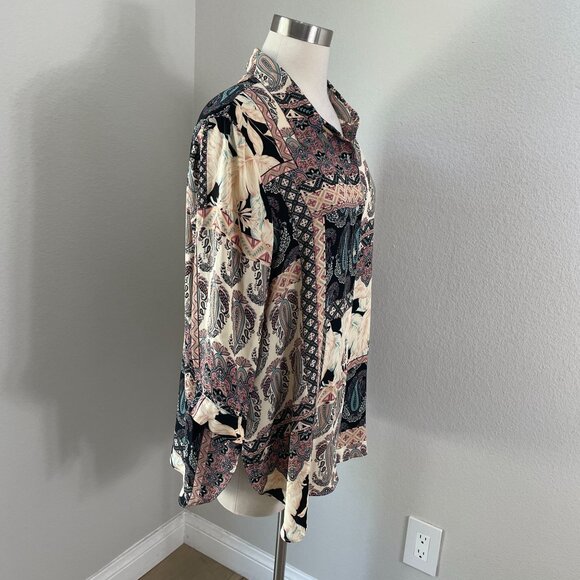 Rose + Olive Womens Plus 1X Boho Patterned Blouse 3/4 Sleeve Button Up Shirt Top - Picture 3 of 11